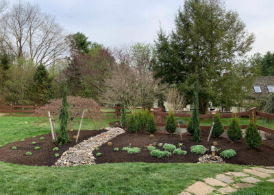 Landscape Design with mulch beds, rock path, and seasonal plants