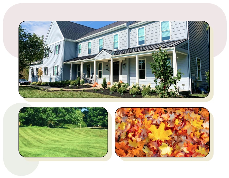 Image of a house along with a green lawn and fall leaves