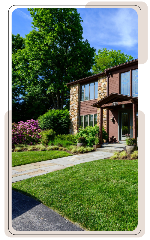well-kept lawn with blooming shrubs