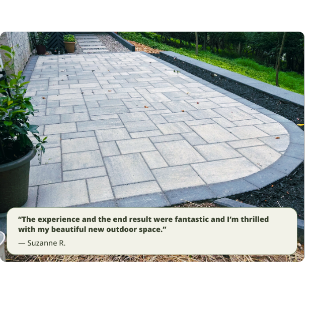 new patio with testimonial overlaid